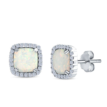 Halo Cushion Lab Created White Opal Round CZ Stud Earrings 925 Sterling Silver (11mm)